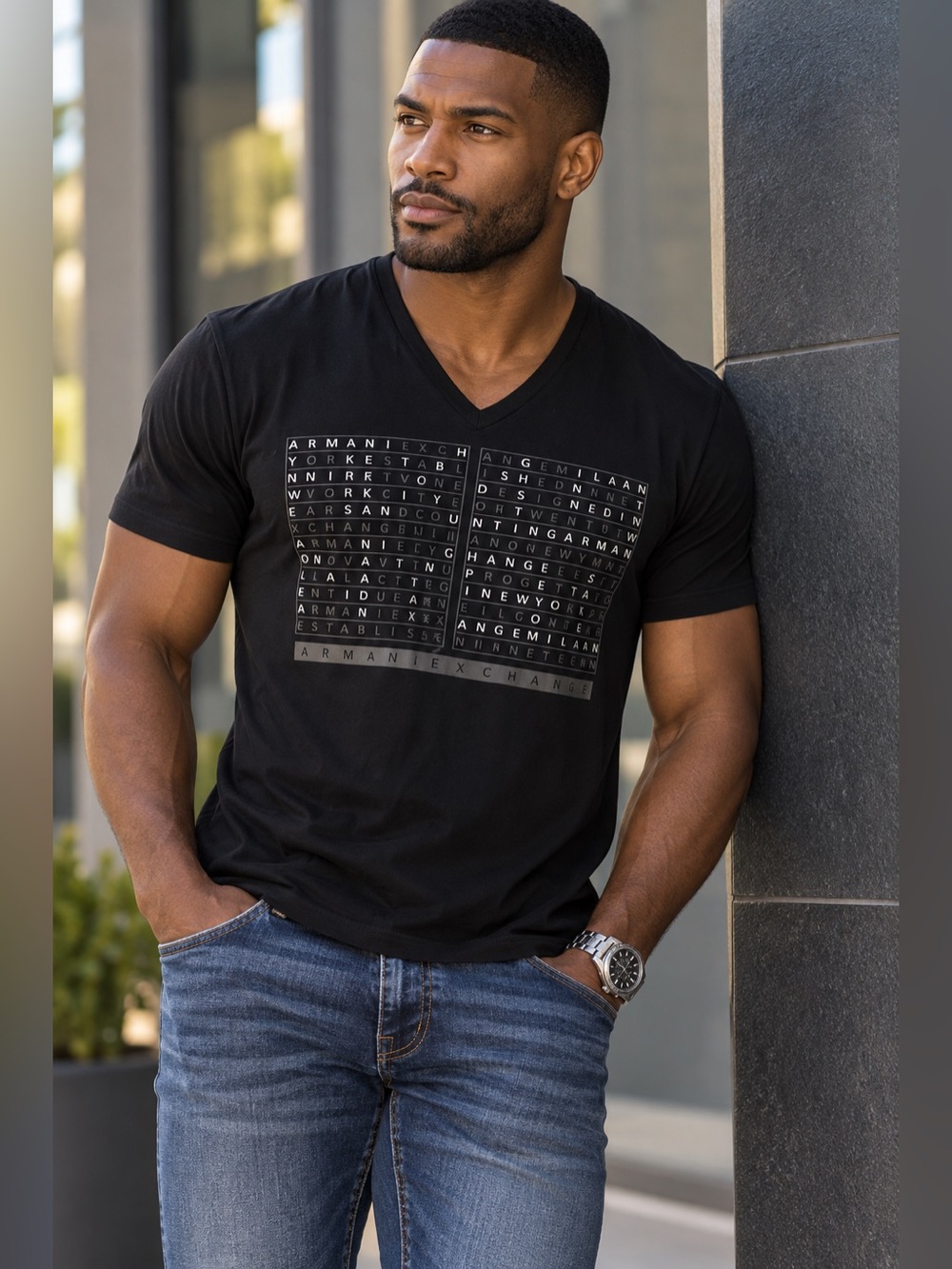 Armani Exchange A|X Black V-Neck Graphic T-Shirt – Men’s Medium